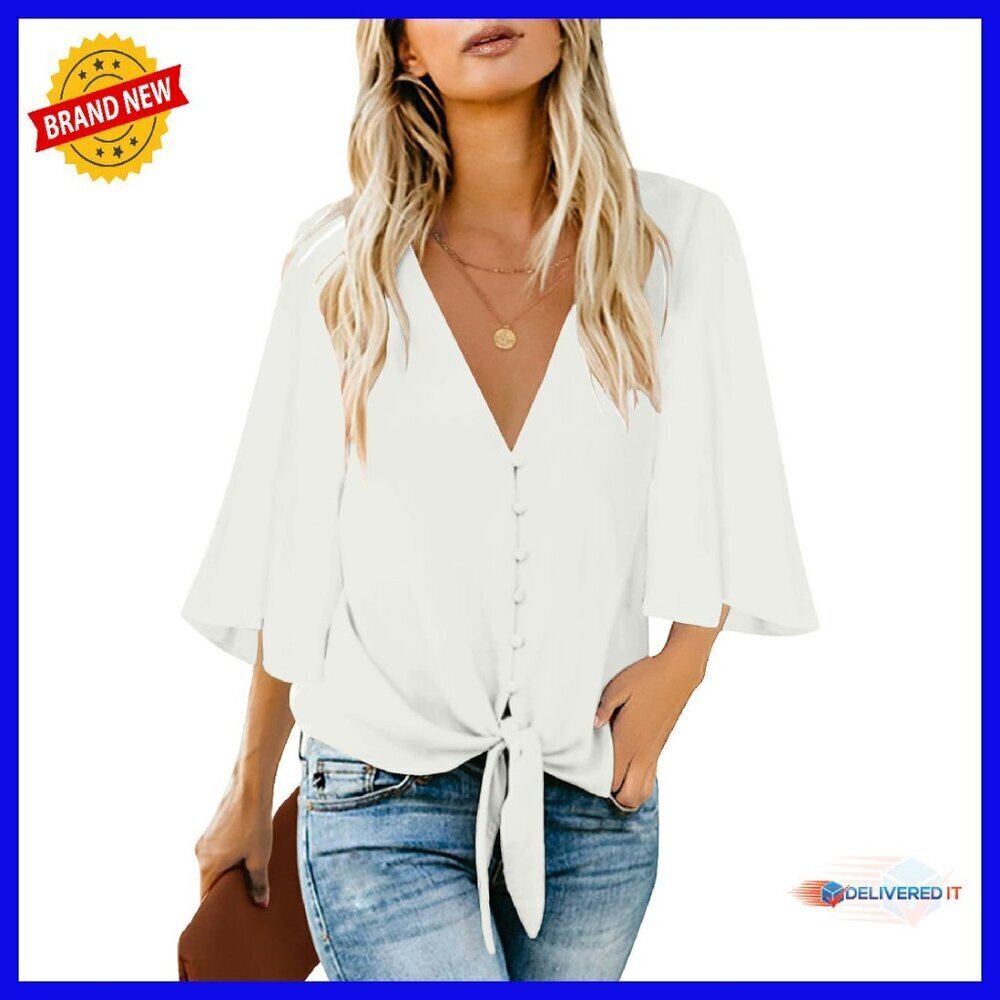 Women's V-Neck 3/4 Sleeve Tie Knot Blouse Button Down Top
